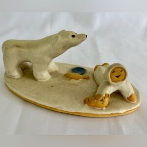 Vtg Betti Bouman Eskimos Pottery Nanaimo, Canada Polar Bear/Child Fishing EUC